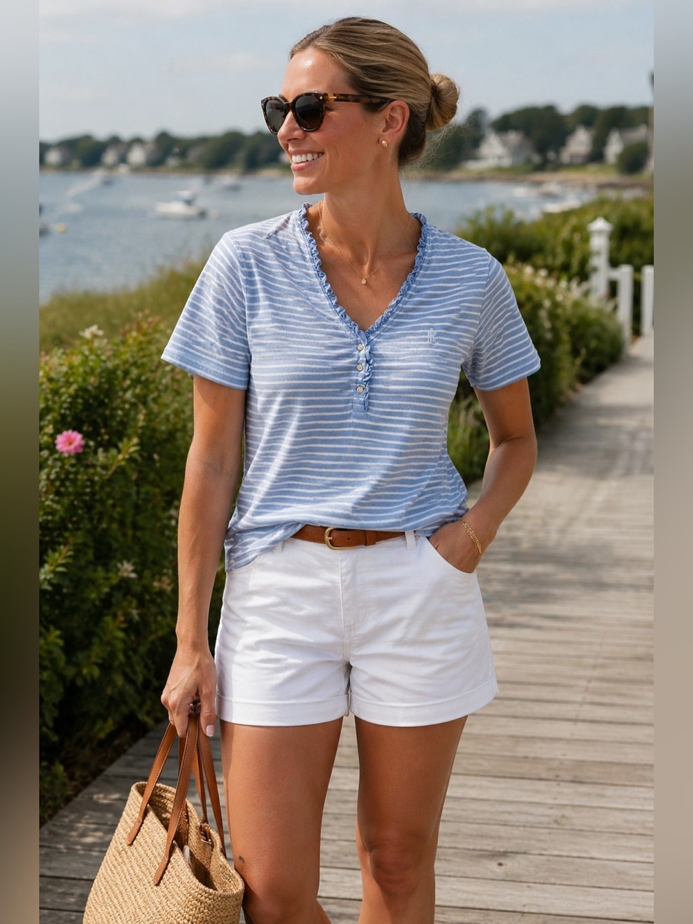 Lauren Ralph Lauren Women's Top L Blue White Striped Preppy Tiny Flaw See Pics